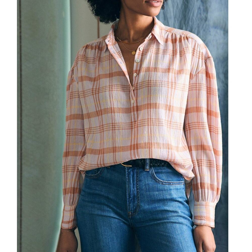 [Faherty] Olli Pink Plaid Check Print Relaxed Fit Popover Blouse Top Sz Medium M